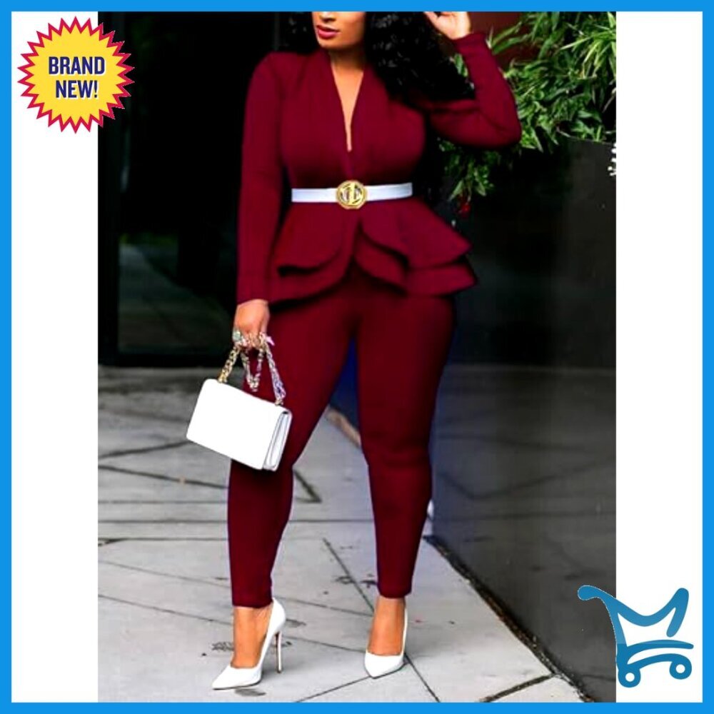 Women's Deep V Neck Ruffle Blazer Two Piece Suit Set Long Sleeve Pants - Picture 3 of 6